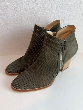 Paul Green Olive Suede Perforated Ankle Booties